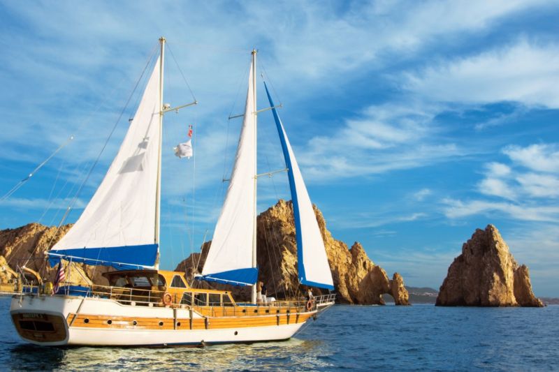 74-foot two-masted classic sailing vessel under sail near El Arco