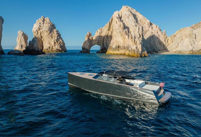 Gunmetal 40-foot VanDutch cruising in front of El Arco