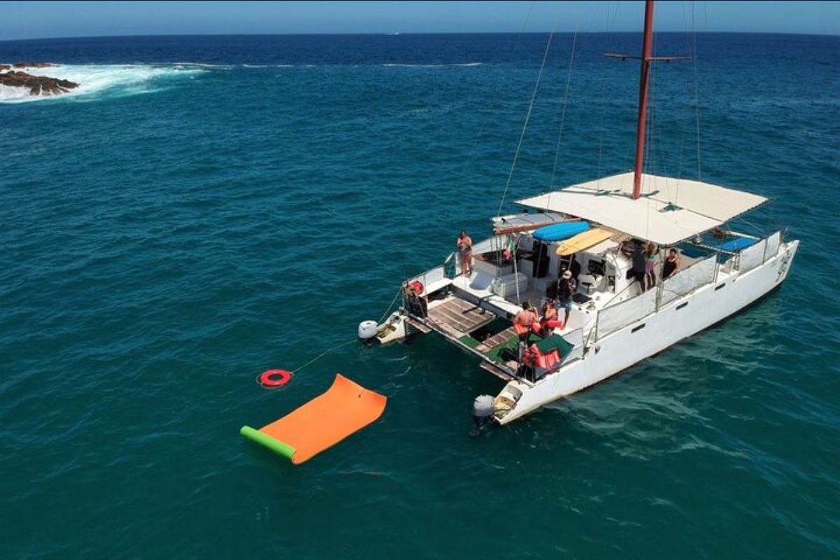 Catamaran at anchor with a floating mat in turquoise water, seen from above